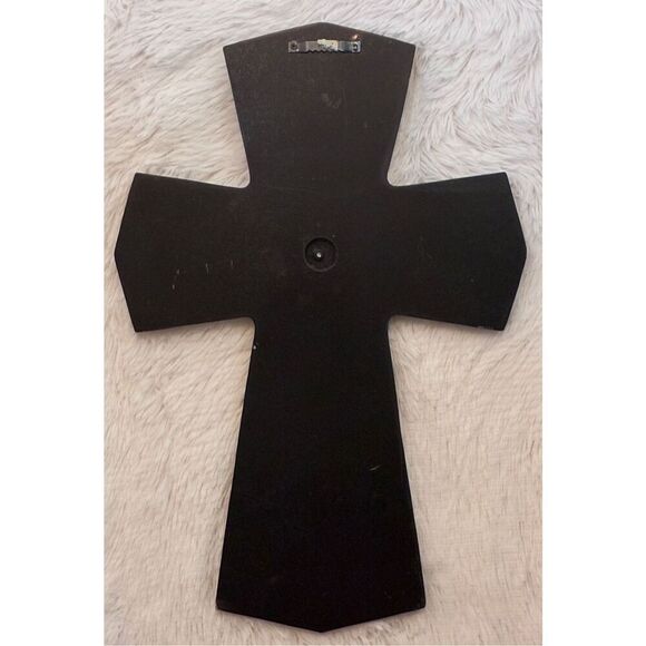 18” Wooden Fleur-De-Lis Multi-Tiered Rustic Black Faux Fur Wall Cross - Picture 5 of 8